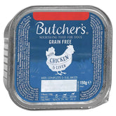 The Butcher's rectangular container of grain-free dog food with chicken and liver is 150g, featuring a prominent chicken graphic and detailed nutritional information.